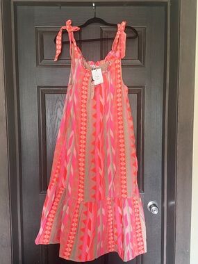 THML Pink and Coral Geometric Tie-Shoulder Sundress